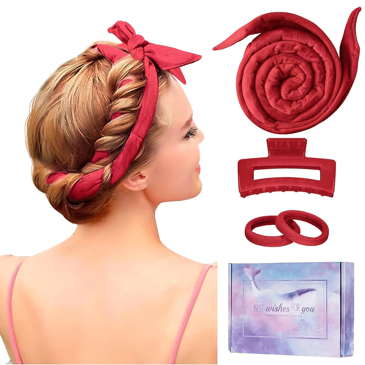 Heatless Curling Rod Headband, Upgraded 60" Extra Long Heatless Curls Headband Soft Hair Curlers to Sleep In Hair Rollers No Heat Curls (Red)
