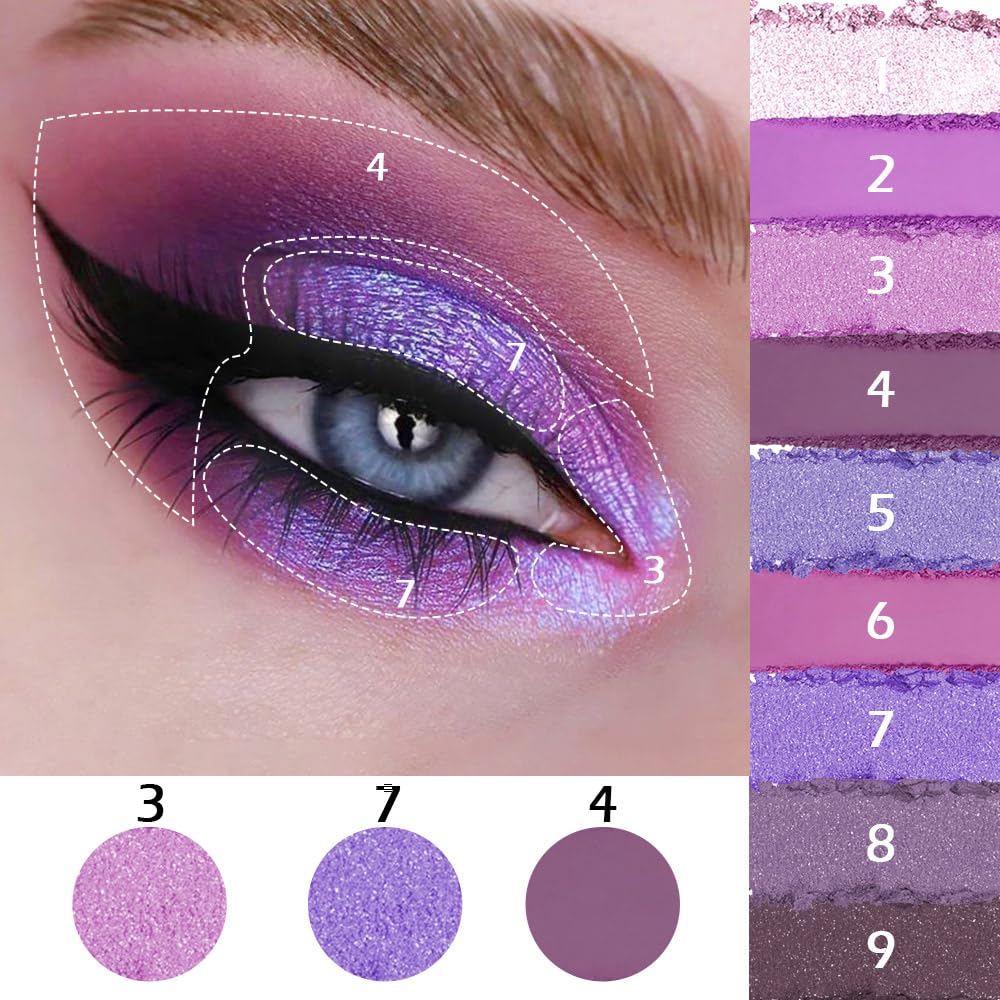 9 Colors Purple Smoky Matte Shimmer Eyeshadow Palette with Mirror for Eye Makeup,High Pigmented Eye Shadow Primers Powder Palet de sombras de ojos