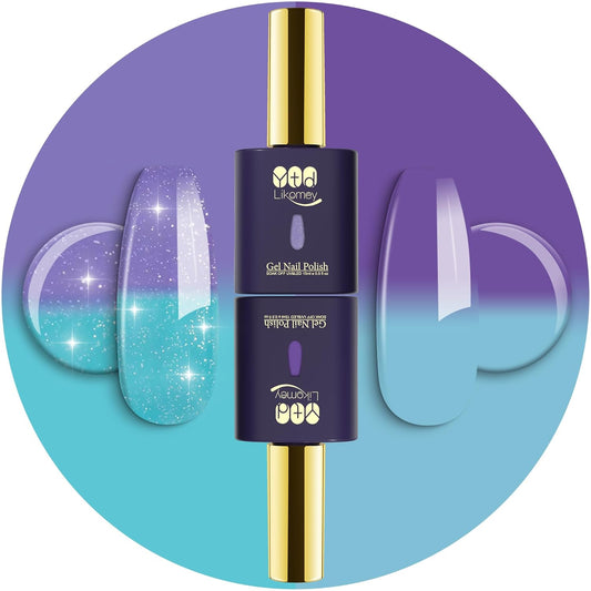 YTD Likomey Color Changing Gel Nail Polish 2 Pcs Set,15ml Tiffany Blue To Purple Pure Color and Glitter Kit,Thermal Ombre Change Colors Salon Manicure Fall Winter UV Nail Varnish,WB2-8 | alldaygood beauty