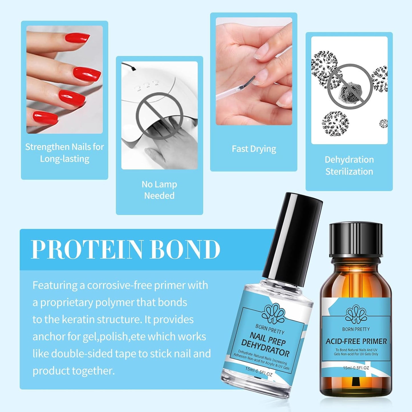 Born Pretty Nail Dehydrator and Primer, Nail Prep Dehydrator Acid Free Nail primer, Cuticle Oil for Nails, Base and Top Gel Coat Nail Supplies Functional Nail Set 5PCS