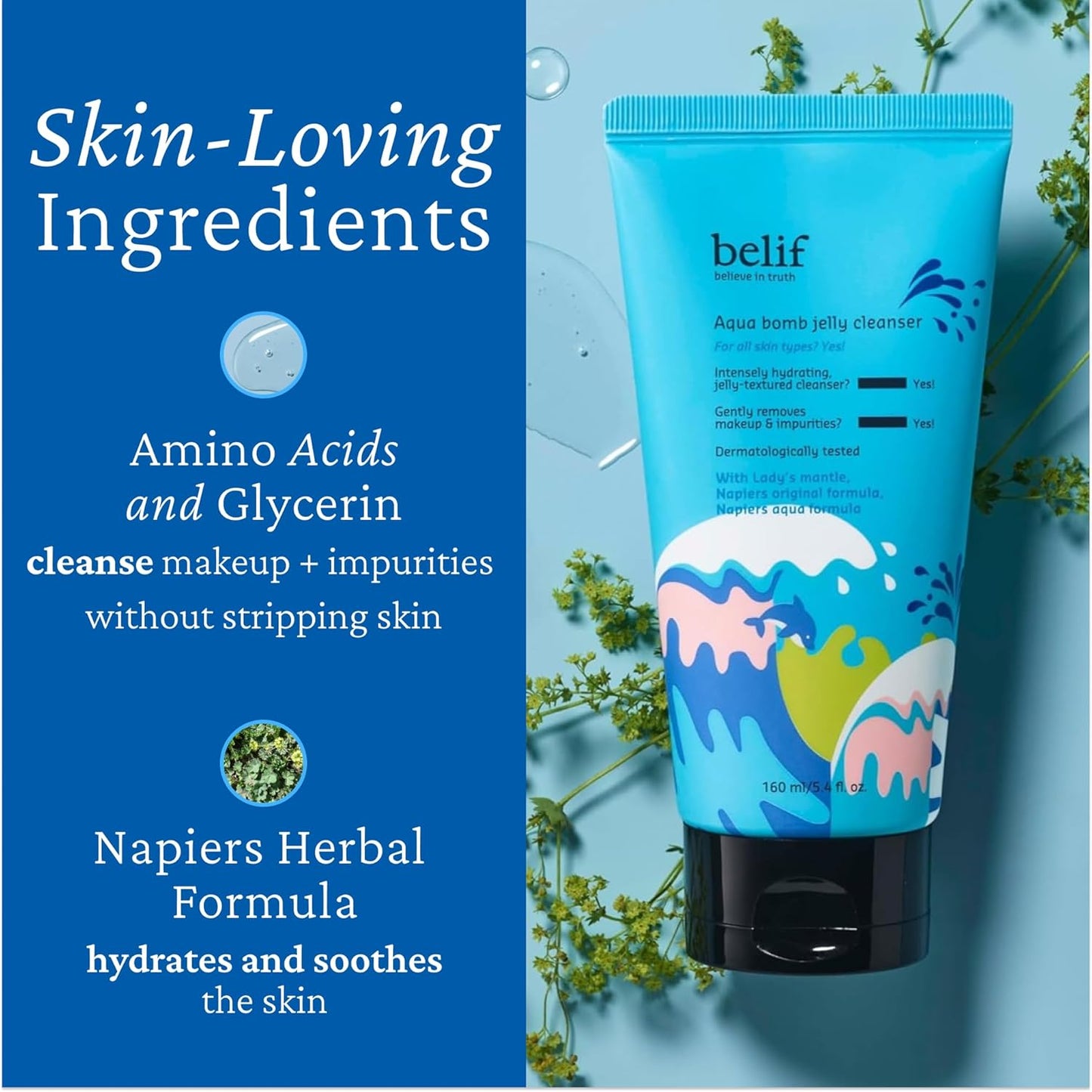 belif Jelly Hydrating Deep Cleanser – Low pH Mild & Gentle Gel-to-Foam Face Wash for Daily Deep Pore Cleansing, Hydrating and Refreshing for All Skin Types, Korean Skincare, 5.41 fl.oz