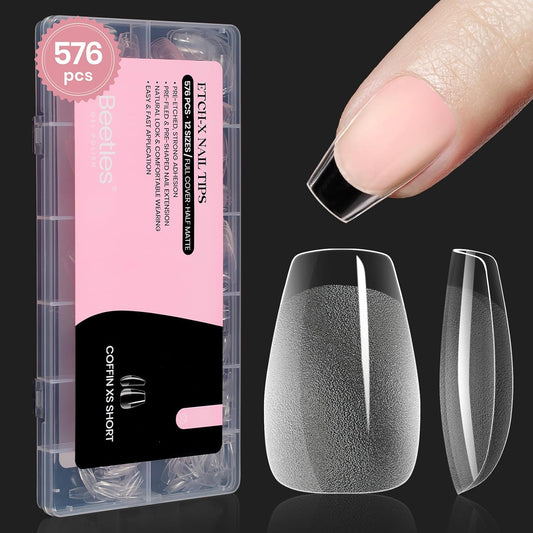 Beetles Gel Nail Tips Extra Short Coffin 576Pcs 12 Sizes - Pre-Etched Shaped Half Matte Soft Nail Tips Press On Nails Full Cover False Nails Acrylic Fake Nail Extension Kit Gift for Women | alldaygood beauty