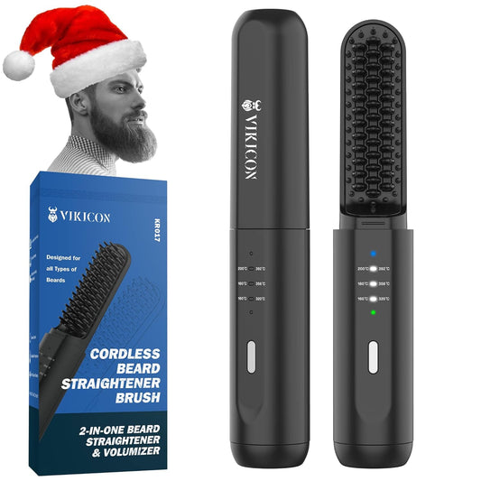 VIKICON Beard Straightener for Men: Cordless Heated Beard Brush for Men, Electric Hot Comb, Anti-Scald Mini Straightening Brush for Beard Grooming, Portable for Travel and Home Use, Gifts for Him Dad