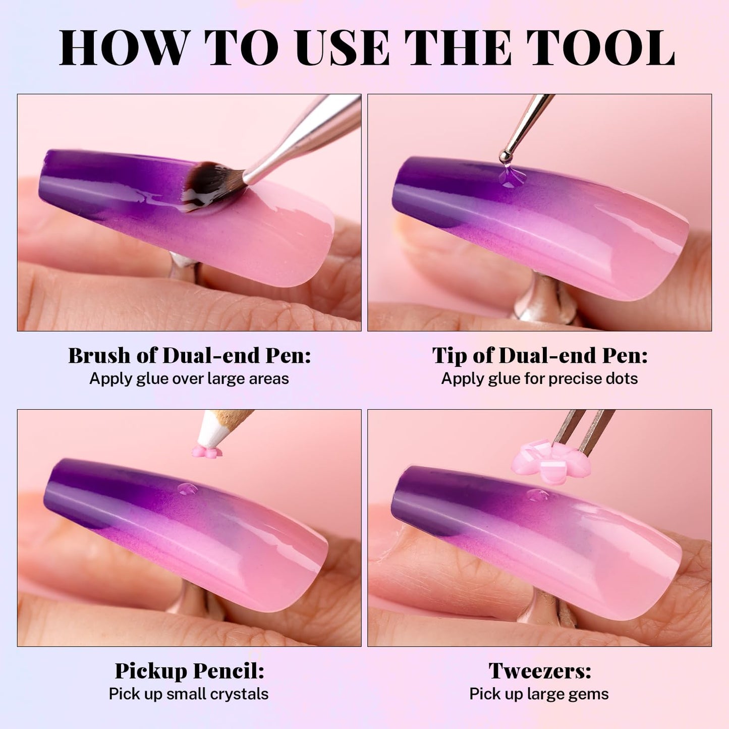 3D Flowers, Manicure Kit with Gel Glue, White Pink Acrylic Flower Nail Charms with Caviar Beads, Rhinestones + Gem Glue for Nails (UV/LED Needed) with Dotting & Pickup Tools