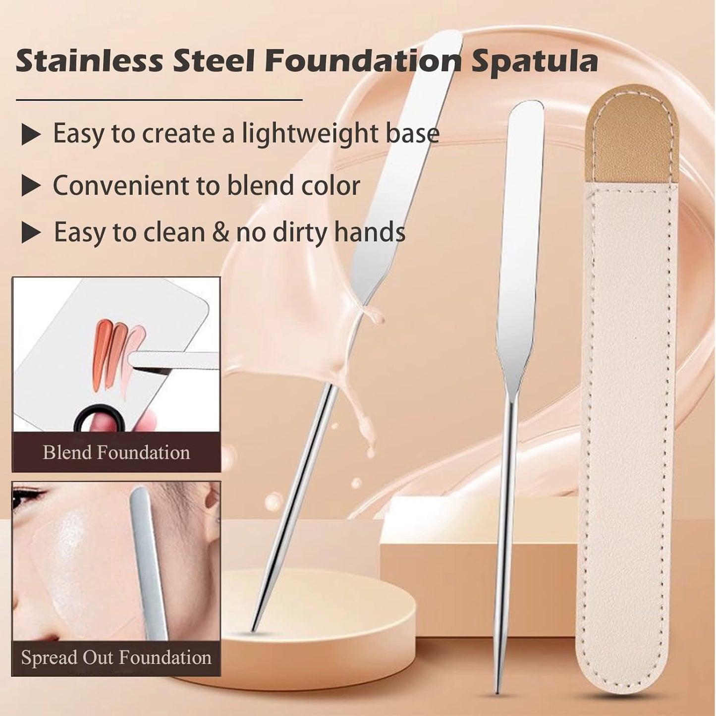 Picasso Makeup Spatula and Palette Set, Korean Makeup Spatula with Leather Cover, Stainless Steel Makeup Palette with Scraper Tool, Metal Foundation Palette for Cosmetic Pigment Blending（SS）