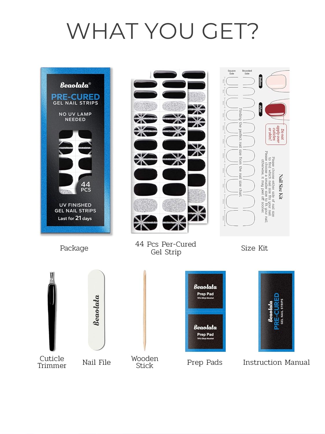 Pre Cured Gel Nail Strips - 44PCS Salon Quality Gel Nail Stickers - Long Lasting Polish Wraps for Women no UV Light Needed Easy Apply& Remove (Sultry Black）