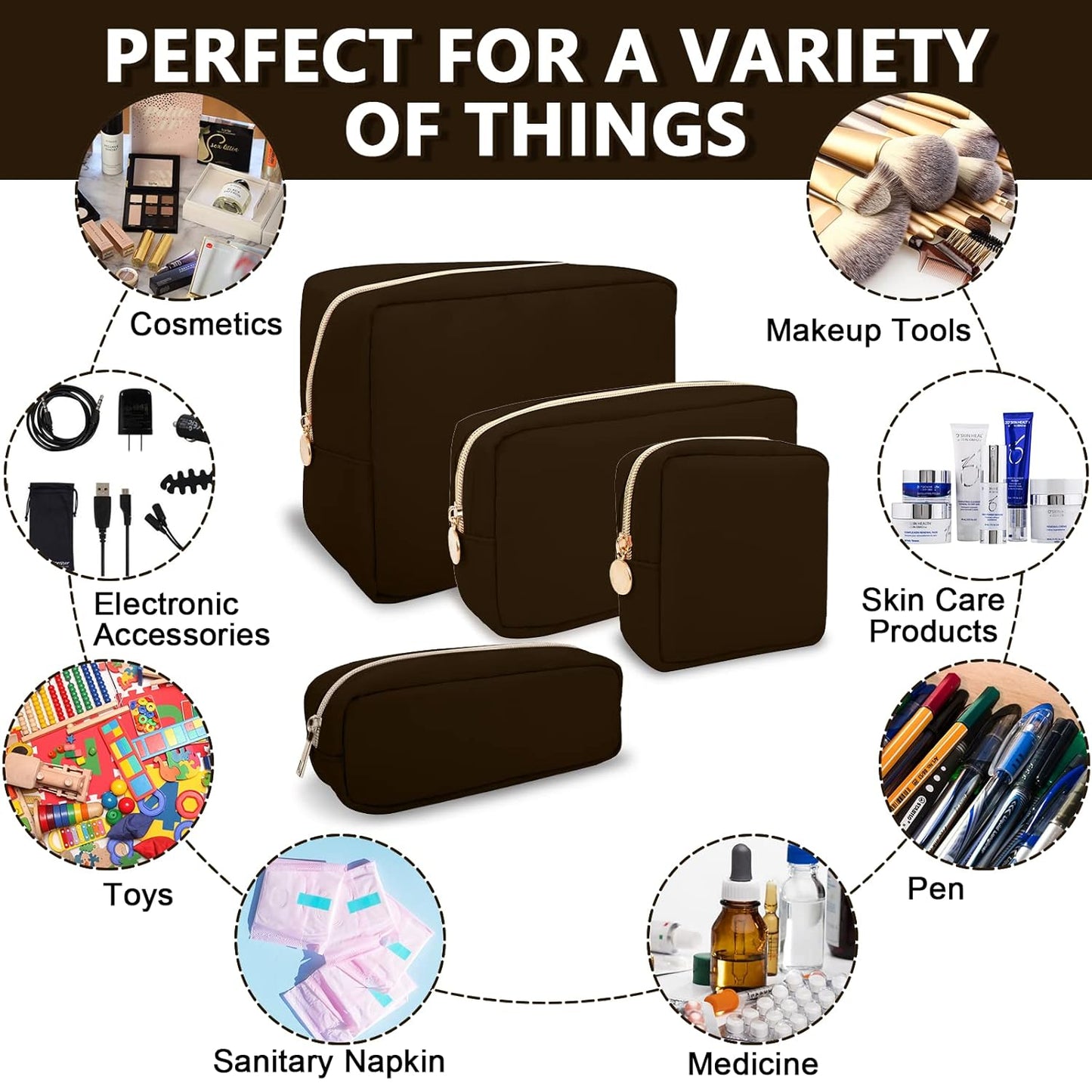 Small Pencil Case Makeup Bag for Purse, Cute Pencil Pouch Preppy Nylon Makeup Brush Bag with Zipper , Girls Portable Stationery Storage Case Small Pen Bag for Office School College(Slim-Chocolate)