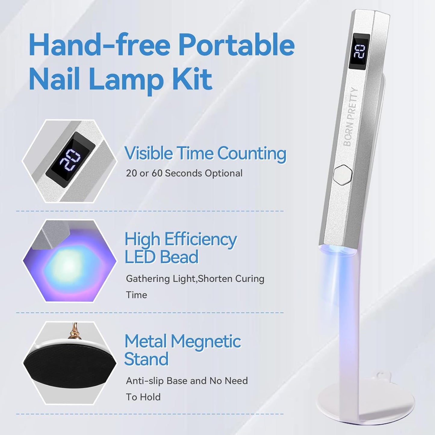 Born Pretty Handheld Magnetic U V Light for Nails, Metal Portable Mini Handheld U V Nail Light, Fast Curing U V Nail Dryer Nail Stamper Magnetic Stand Wireless Handheld LCD Display Screen