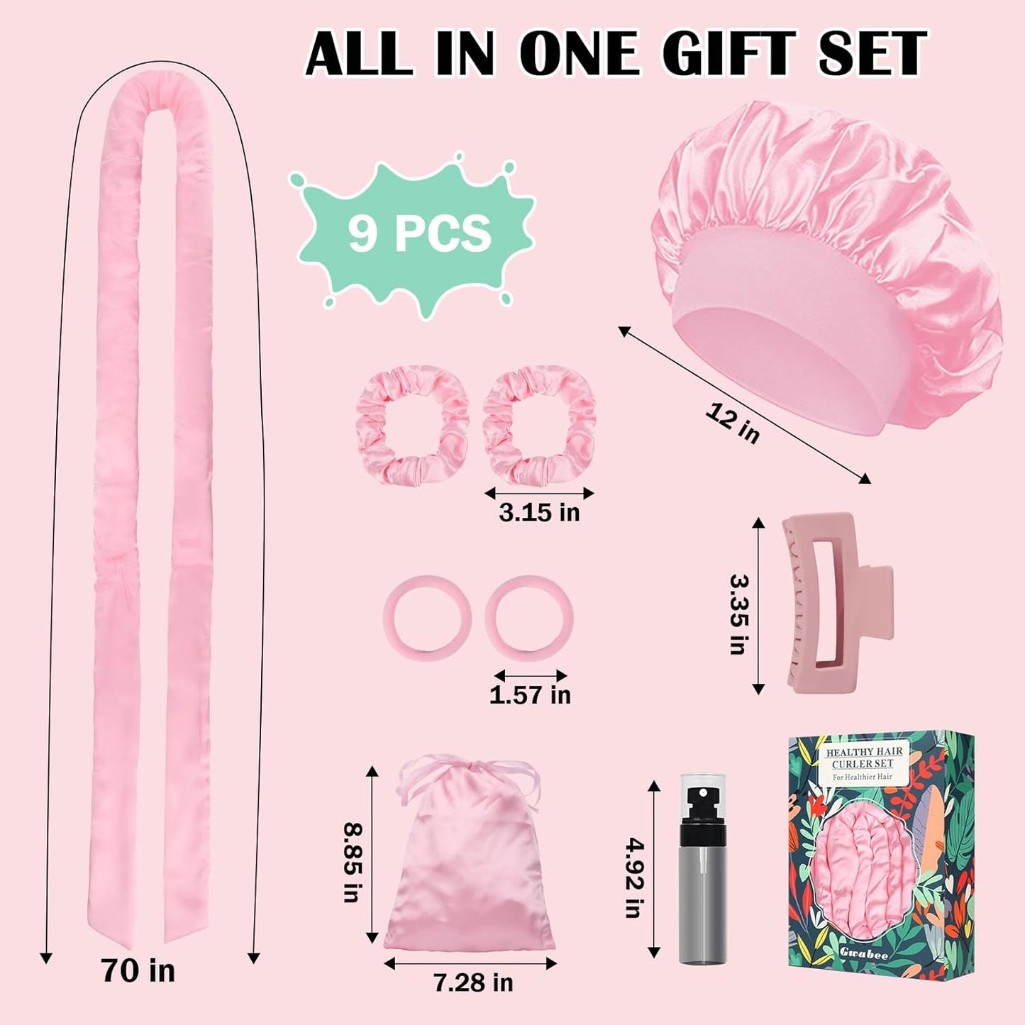 Satin Heatless Curls Overnight Hair Curlers to Sleep In Hair Curler Rollers No Heat Hair Wrap for Curls Headband, 70" Satin Heatless Curling Rod Set for Women Long Waves Hair Volume -Pink 9PCS