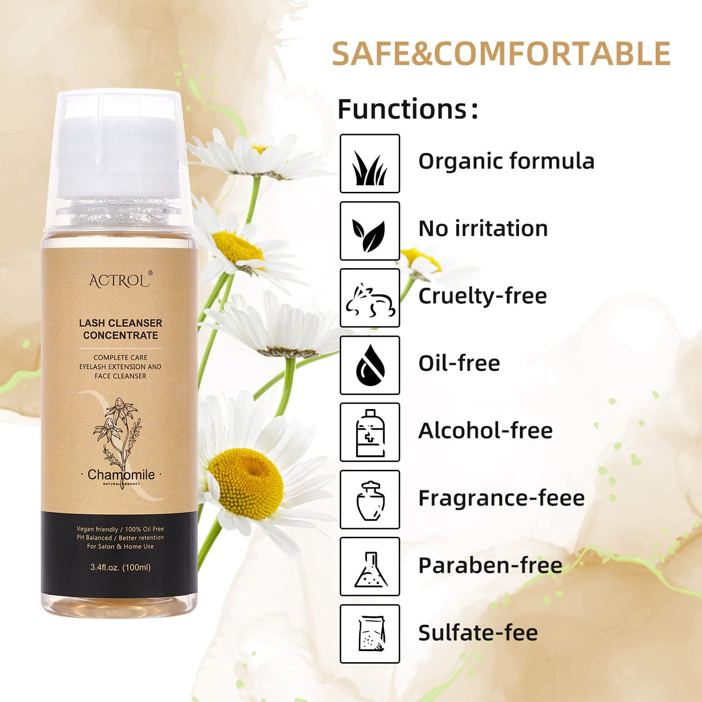 Eyelash Cleanser Concentrate 100ml Chamomile Professional Lash Shampoo Foaming Cleanser Paraben & Sulfate Free Non-lrritating Wash for Extensions Lashes with Salon Home Care-Makes 20 Bottles