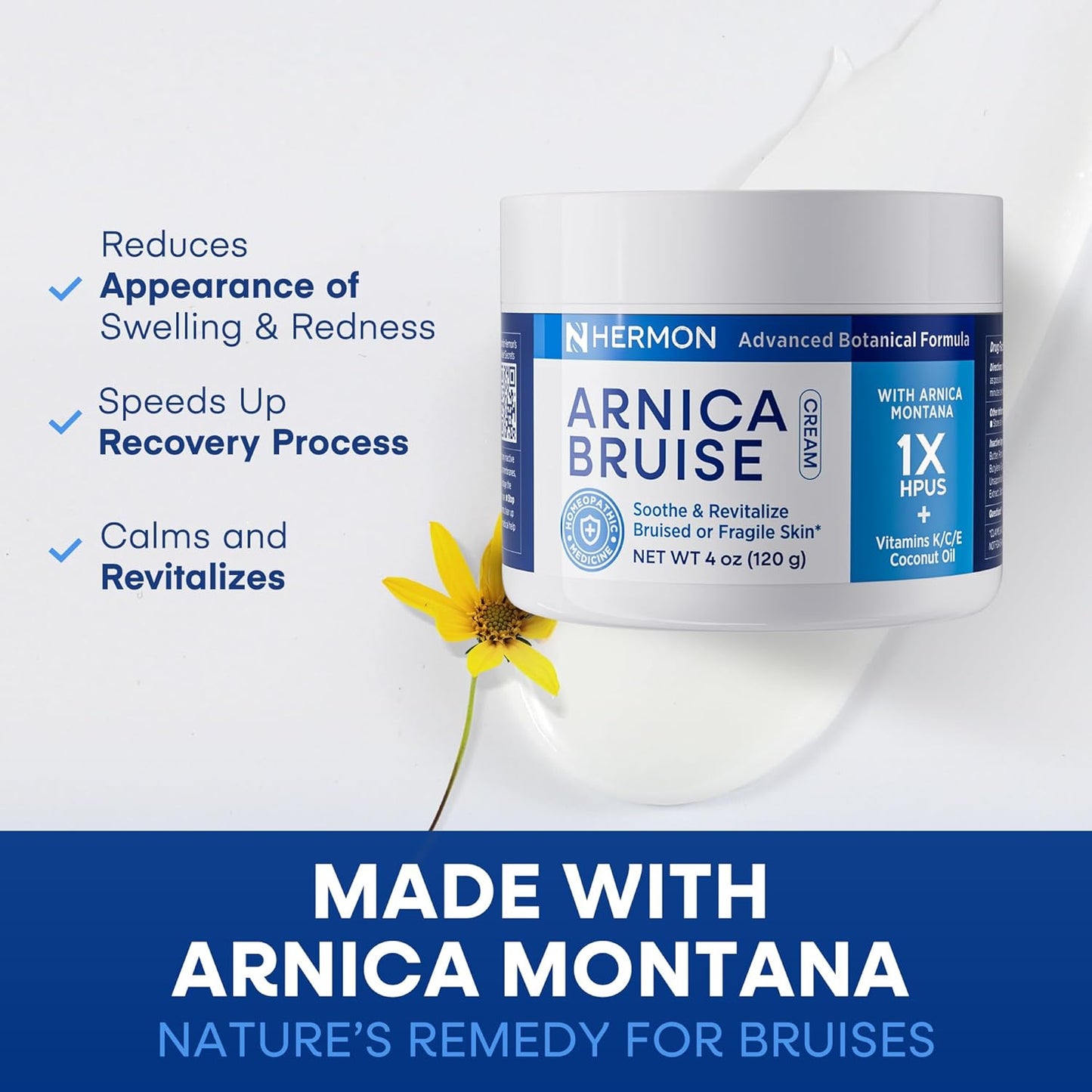 Hermon Arnica Bruise Cream Extra Strength: Fast-Acting for Bruising & Swelling on Thin Skin - High Strength Arnica Montana with Vitamins K, C & E–Hydrating Moisturizer for Face (4 oz(pack of 1))