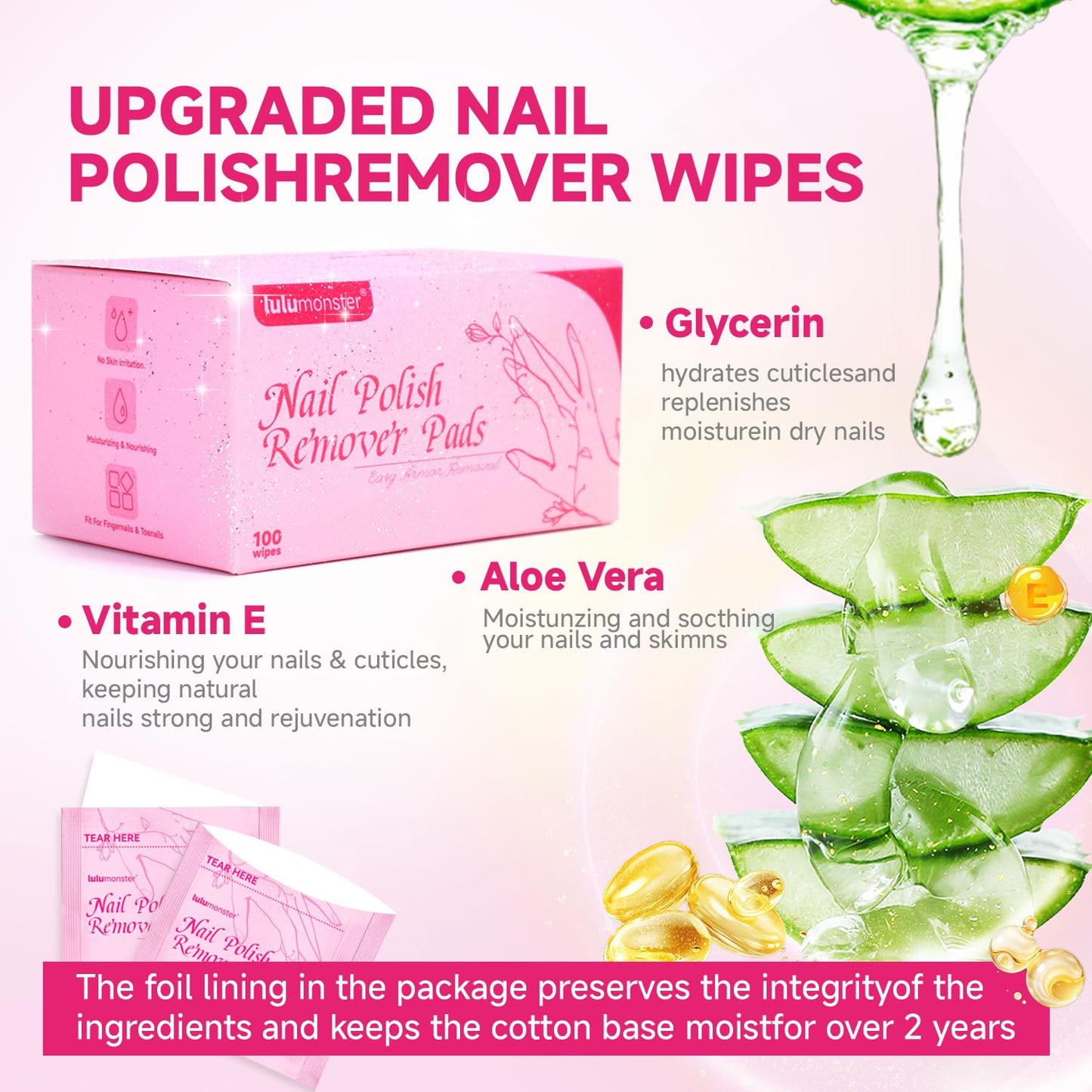 Nail Polish Remover Pads 100 Pack Gel Nail Polish Remover Wipes - Individually Wrapped - Quick Nail Polish Remover Wipes - Fingernail Travel Kit to Clear Nail Polish for Home & Professional Removal