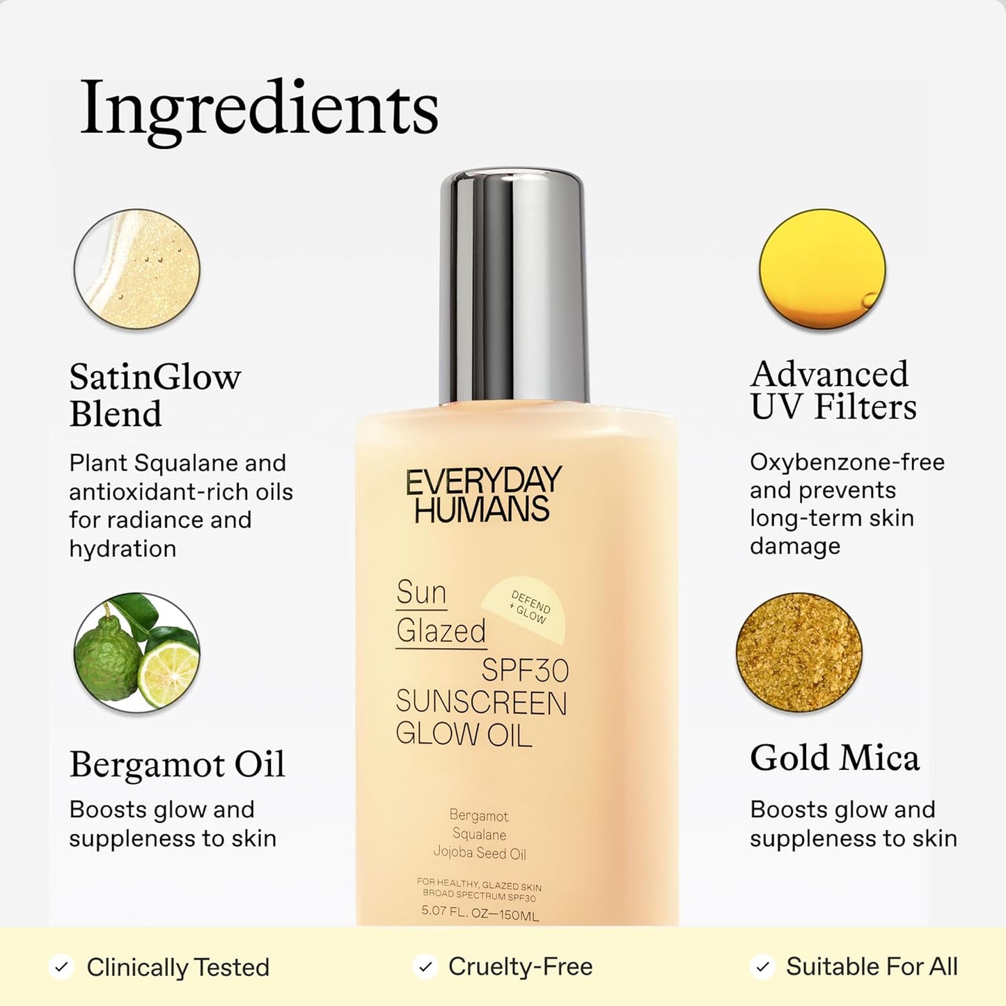 Everyday Humans Sun Glazed SPF30 Sheer Body Glow Oil with Gold Mica | Hydrating Non-Sticky Glowing UV Protection Cruelty Free 5.1 Fl Oz | Bergamot, Squalane, Jojoba Seed Oil | UVA/UVB Broad Spectrum