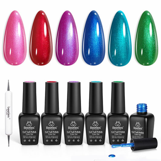 Beetles Pearl Gel Nail Polish Set, Dark Color Pink Red Purple Green Blue Nail Drawing Gel Polish 6 Colors Shimmer Mystic Flow Swirl Thread Effect Soak Off LED UV Curing for DIY Nail Art | alldaygood beauty