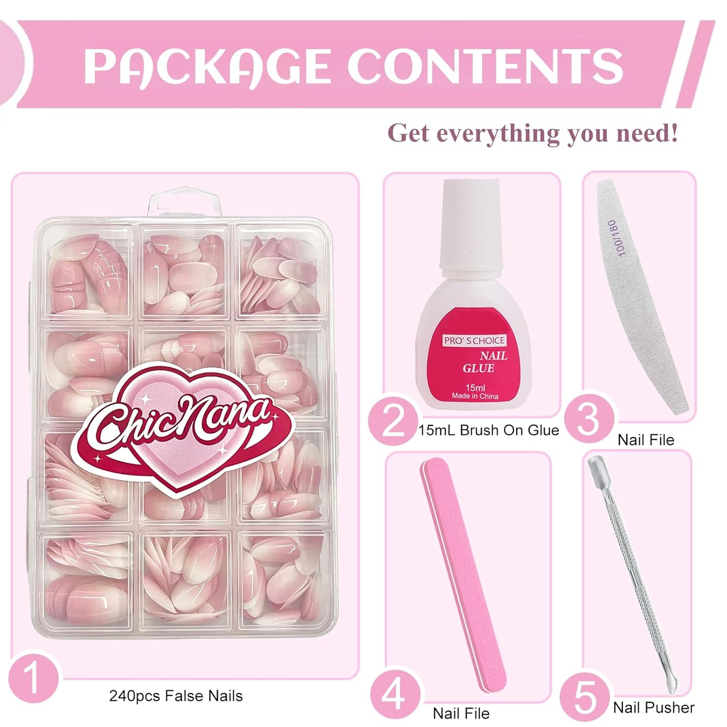 Ombre Press On Nails - 240Pcs Short Almond Press on Nails, White Nail Tips Pink White Gradient Soft Gel False Nail Tips Salon Perfect Fake Nails Kit Extensions DIY (Short Almond)