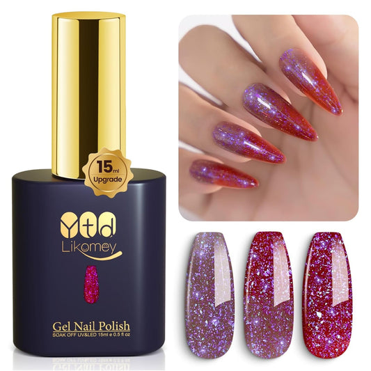 YTD Likomey Brocade Glitter Color Changing Gel Nail Polish,15ml Light Purple To Jujube Red Shimmer Mood Temperature Change Colors Iridescent Flakes,Fall Winter Thermal UV Nail Gel,WB340 | alldaygood beauty