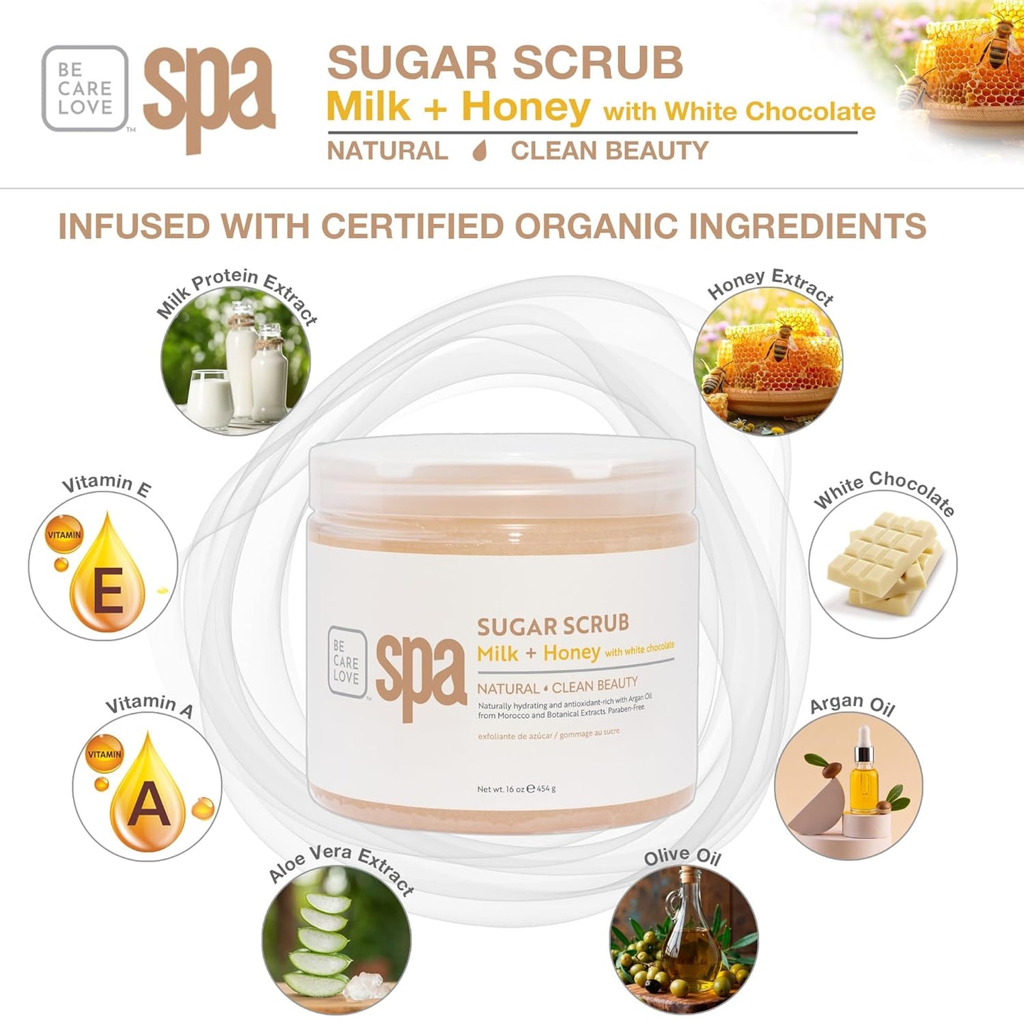 BCL SPA sugar scrub | organic Milk and Honey with White Chocolate exfoliating body scrub removes dead, dry skin for a soft & hydrated feel, nourishing essential body care 16 oz