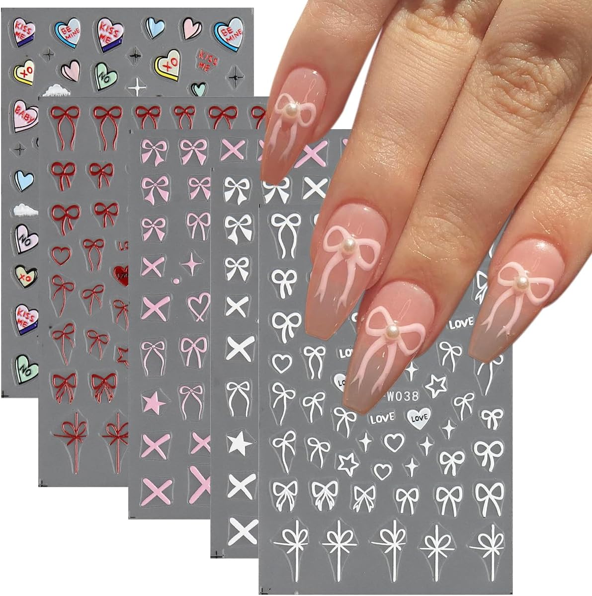 5D Embossed Bow Nail Stickers, 5 Sheets Self-Adhesive Pink White Ribbons Nail Decals, Valentines' Day Nail Art, Heart Nail Charms, Cute Cartoon Pop Art Stickers, Pegatinas para Uñas