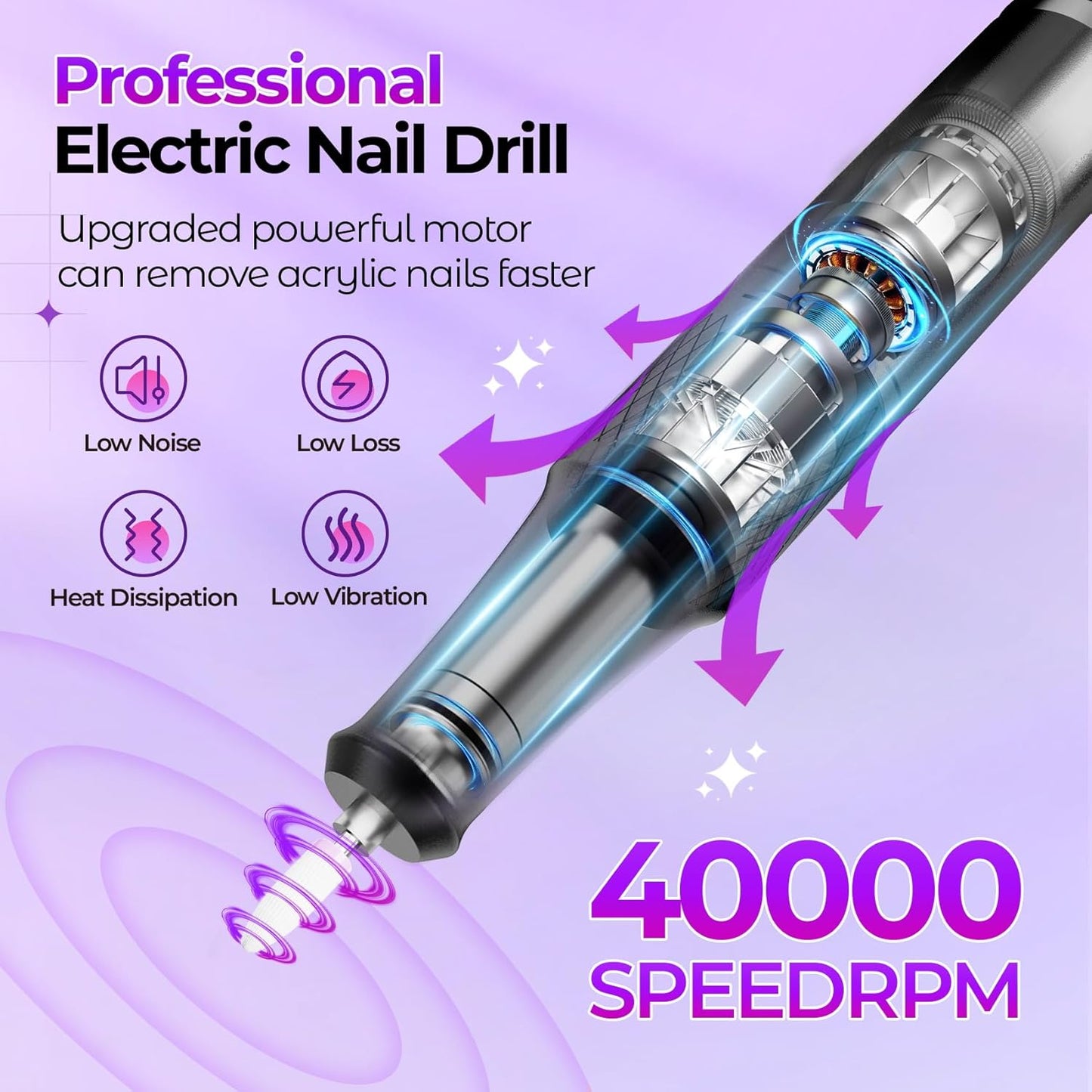 Nail Drill Electric File: 40000RPM Professional E File Kit E File Machine Filer for Shaping, Buffing, Removing Acrylic Gel Nails, Manicure Pedicure Kit with 12Pcs Nail Bits, Home Salon Use