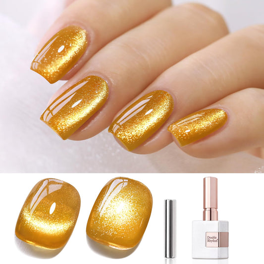 Double Rhythm Jelly Glass Cat Eye Gel Polish with Magnet 15ML Holographic Glitter Shimmer Translucent Sheer Color Magnetic Nail Polish Salon DIY at Home (Gold Cat-MC1025) | alldaygood beauty