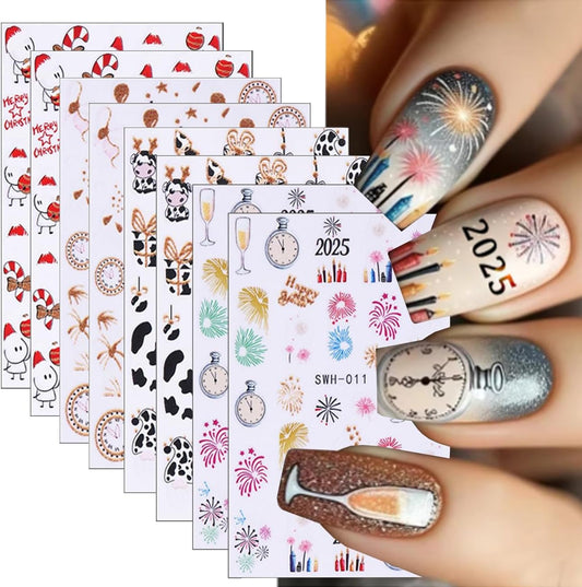 8 Sheets Christmas Nail Art Stickers - 3D Clock Glitter Firework Balloon Design, Candy Cane Cute Cartoon Cow Light Decals for Winter Xmas and New Year's - Supplies for Women Girls | alldaygood beauty