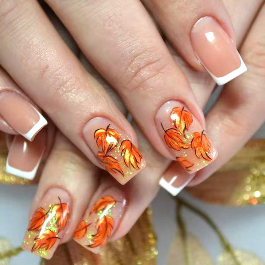 White French Tip Fall Press on Nails Medium Square Maple Leaf Fake Nails Glossy Thanksgiving Acrylic Glue on Nail Autumn Maple Leaves Artificial Stick on Nail for Women DIY Manicure