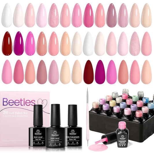 Beetles Pink Gel Nail Polish – Dare to Bare Gel Polish Set, 20 Color Soak off Uv Led Manicure Kit with 3Pcs Base Coat Matte Glossy for DIY Manicure Gift for Women | alldaygood beauty