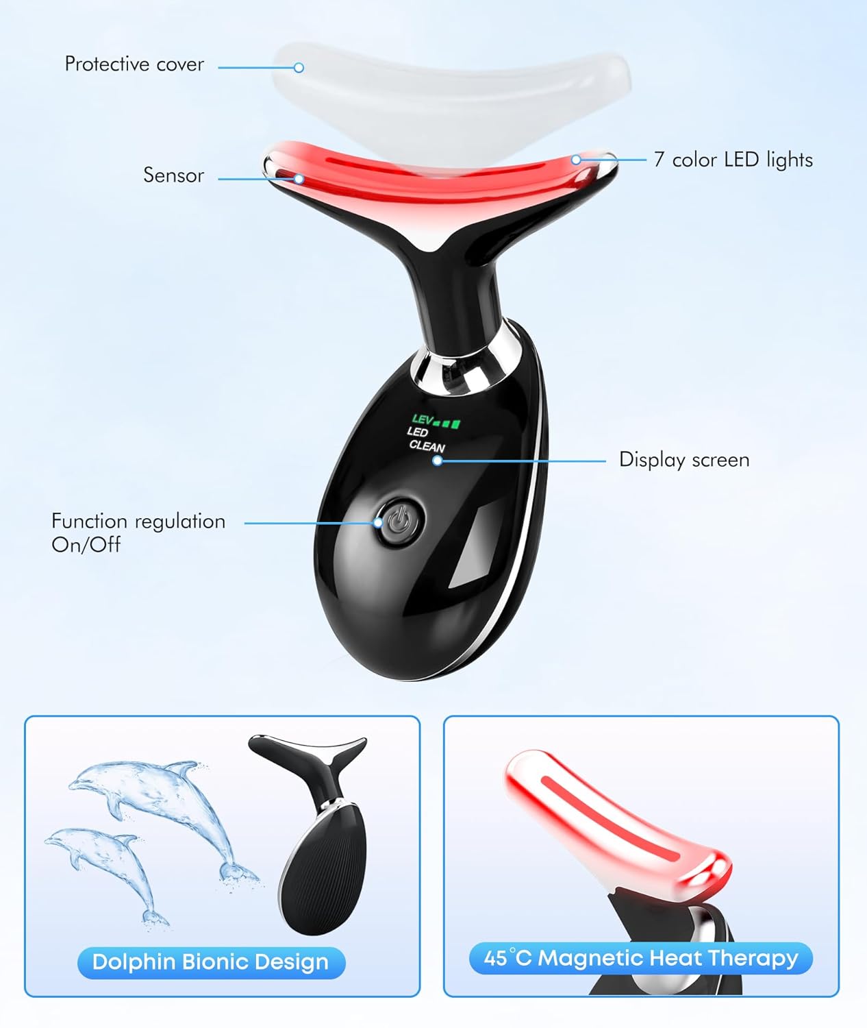 Red-Light-Therapy-for-Face-and-Neck, 7 Color Face Massager Tool for Wrinkles, Double Chin, Vibrating Facial Massager with Thermals for Skin Care, Glossy Black