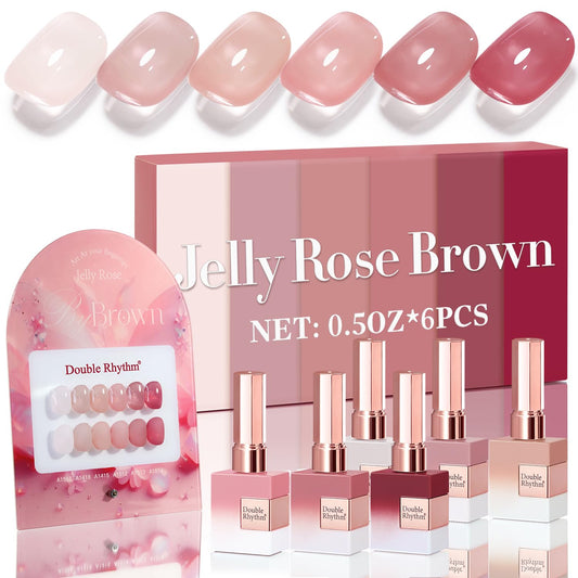 Double Rhythm 6 Pcs 15 ML Gel Polish Set Same Color Same Bottle Soak Off Gel Polish Kit Nail Art Manicure Salon DIY at Home for Women (Jelly Translucent Rose Pink Burgundy Red-T6-2) | alldaygood beauty