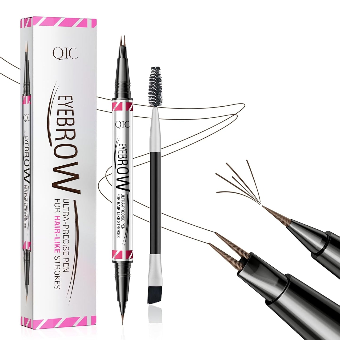 Microblading Eyebrow Pen,2-in-1 Dual-Ended Eye Brow Pencil with 2-Fork-Tip and Precise Brush-Tip, Waterproof Long Lasting Eyebrow Pen for Natural Hair-Like Brows(Dark Brown)