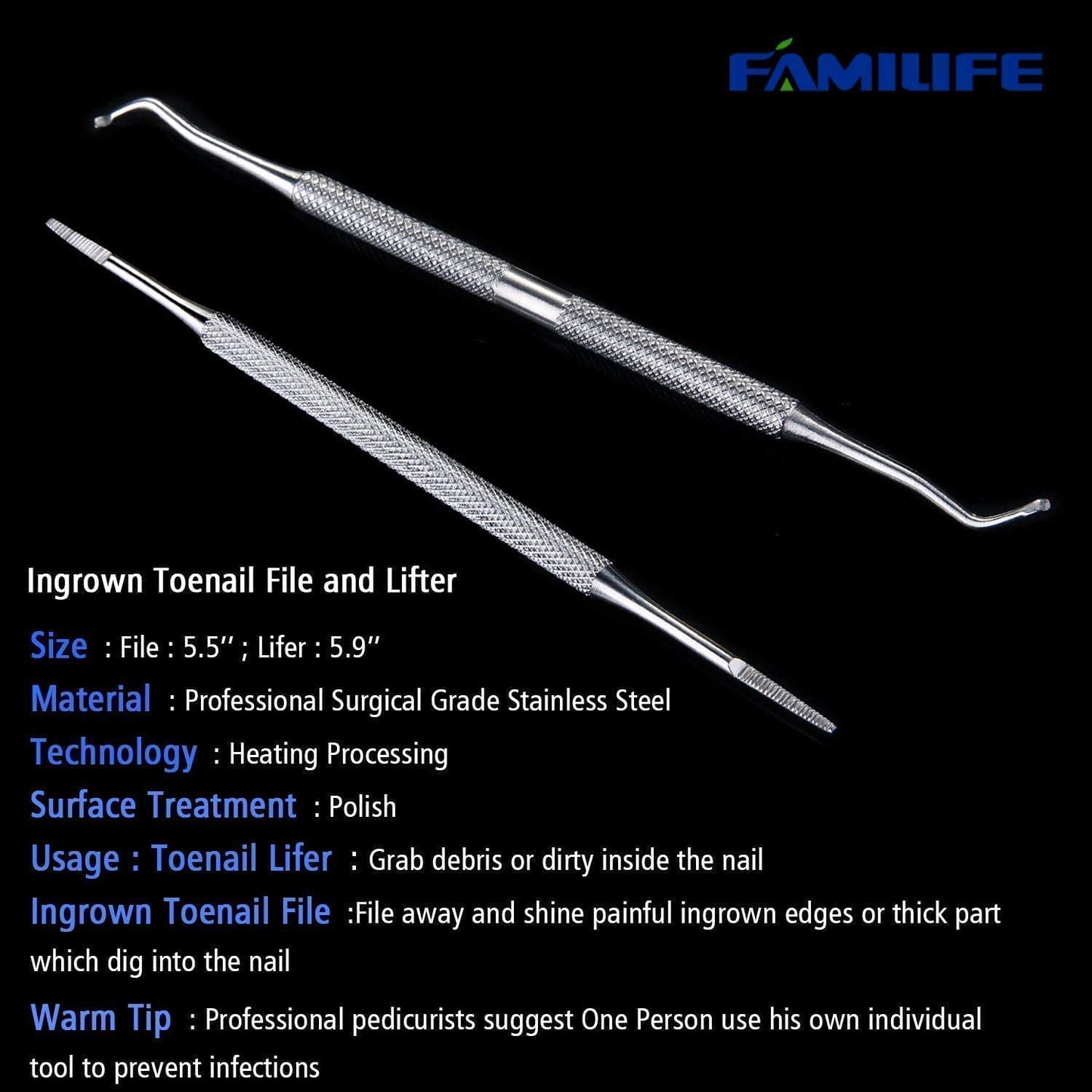 FAMILIFE Ingrown Toenail File and Lifter, 2pcs Ingrown Toenail Tool Double Sided with Storage Case Professional Corrector 100% Stainless Steel Removal Pedicure Kit