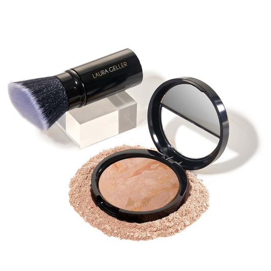 LAURA GELLER NEW YORK Baked Balance-n-Brighten Foundation with Kabuki Brush Makeup Set, Fair | alldaygood beauty