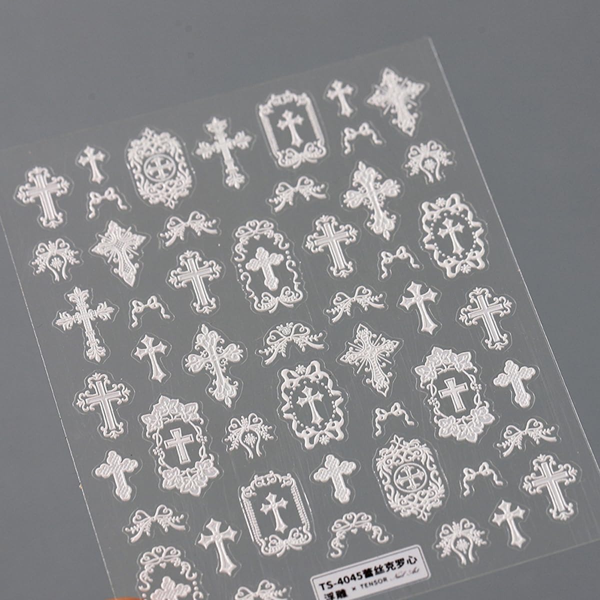 White Lace Cross Nail Art Stickers, 5D Embossed Manicure Decals for Nail Art Design Self-Adhesive Nails Supplies Accessories for Women