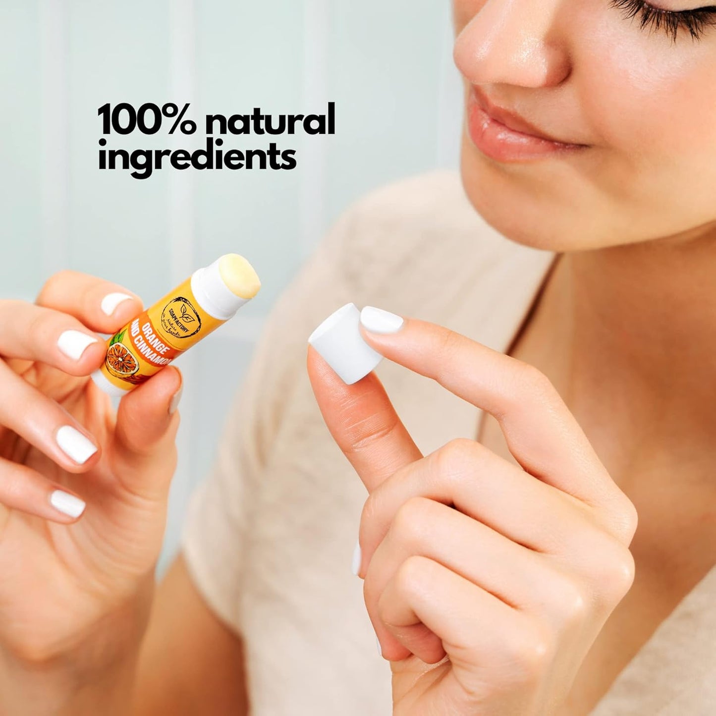 SoapFactory Natural Lip Balm for Dry cracked Lips with Orange and Cinnamon, Vegan, Organic Certified, Lip Care with Carnauba Wax for Women and Men, 0.17 ounce