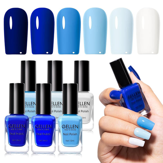 GELLEN Blue Nail Polish, Bright Navy Royal Baby Ocean Cobalt Blue White 6 Colors Set, insta Air Dry Natural Traditional Regular Nail Polish for Acrylic Natural Nails Salon Home, Non UV Gel, Hema Free | alldaygood beauty