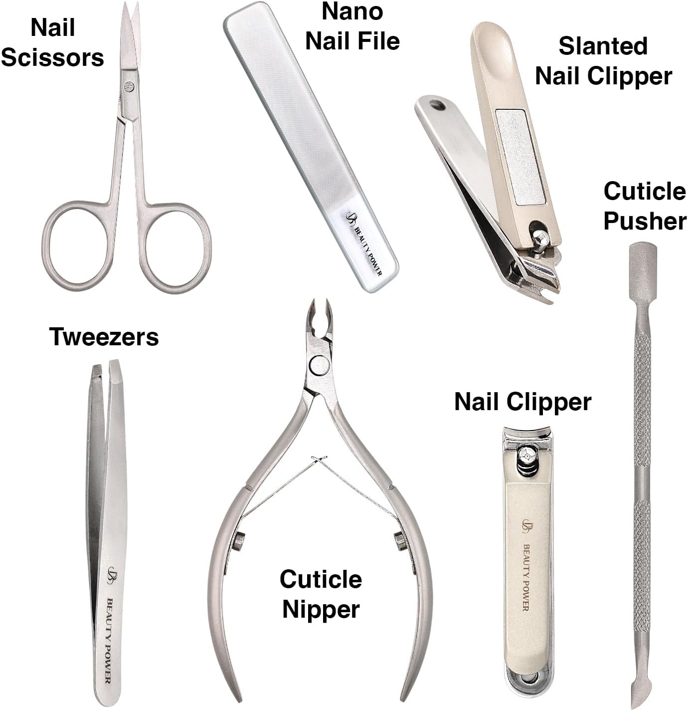 Manicure Pedicure Set 7-in-1 Stainless Steel, Ultra Sharp, Slanted Nail Clipper, Fingernail Clipper, Cuticle Nipper, Glass Nail File, Eyebrow Tweezers, Scissors, Case – Gift (Matte Gray)