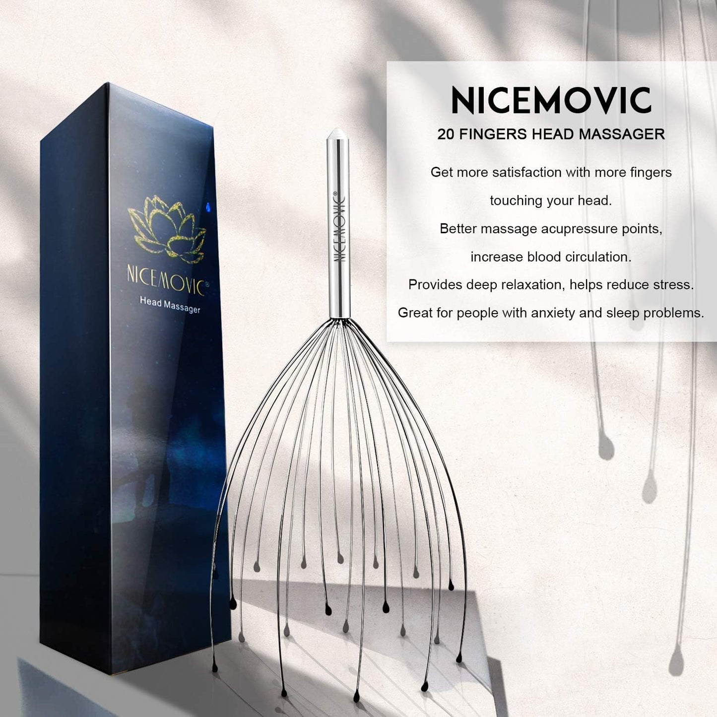 NICEMOVIC 2 Pack Head Scalp Massager, Stocking Stuffers Stress Relief Gifts for Women Men, 20 Fingers Scalp Head Scratcher for Hair Stimulation Body Relaxing (Silver & Silver)