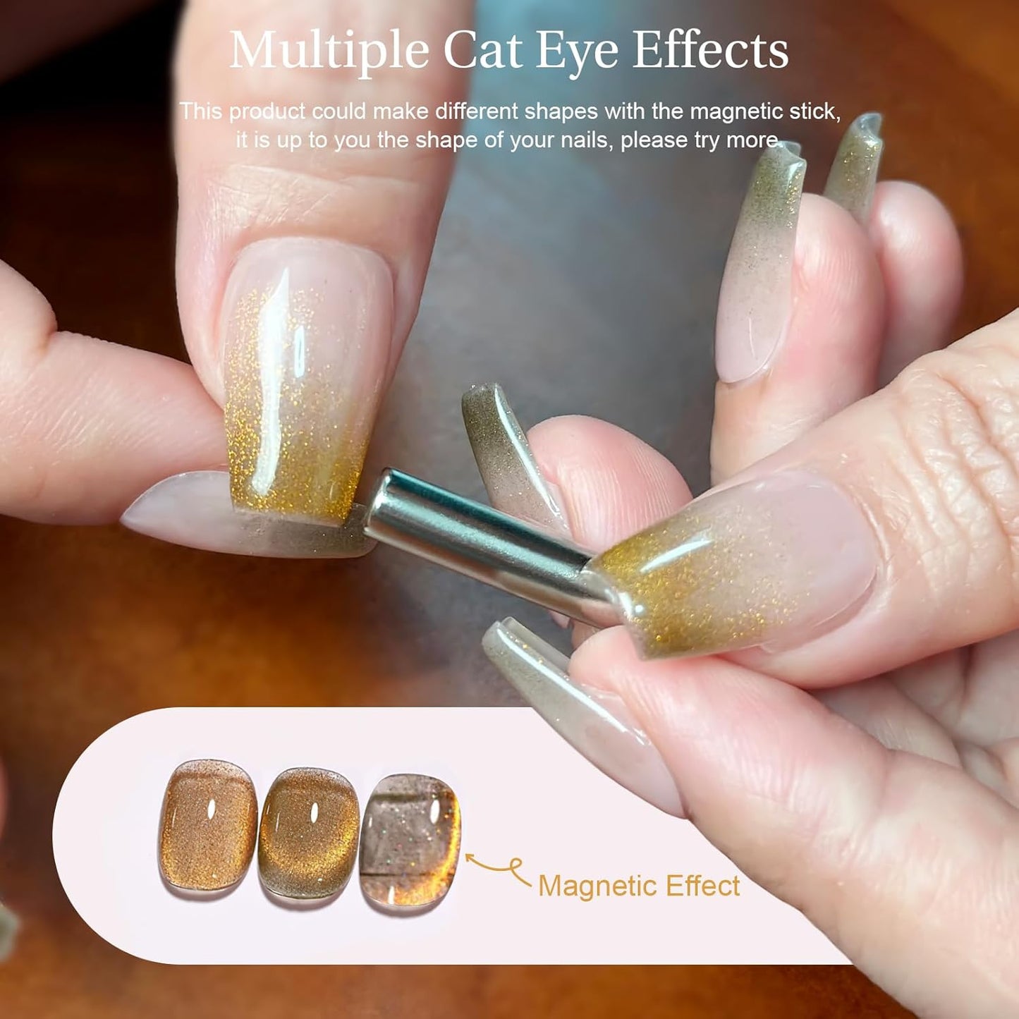 Cat Eye Gel Nail Polish with Magnet Stick, 15ml Glitter Holographic Nail Polish, Magnetic Effect Gel for Home DIY Manicure Gift, Champagne Gold