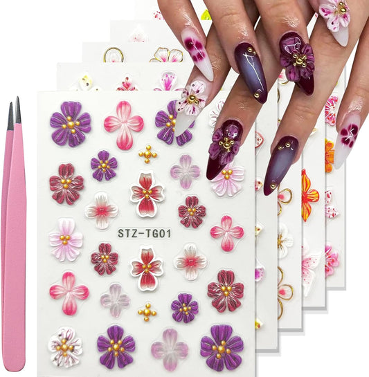 Nail Art Stickers Decals 5D Embossed Flower Nail Decals Self Adhesive Spring Summer Plumeria Nails Supplies 3D Design for Women Decoration Colorful Flower Nails Stickers | alldaygood beauty