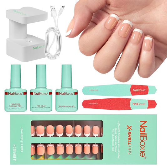 Modelones Gel Nail Kit, Press On Nails Kit with LED Light, 150 PCS Extra Short Pink Square, 15 Sizes French Tip Press on Nails, NailBoxie Pre-Colored Nail Tips for Easy DIY Nail Art | alldaygood beauty