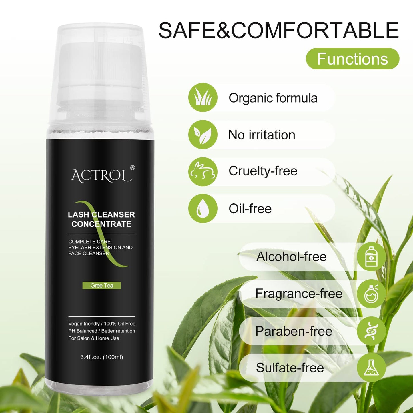 Eyelash Cleanser Concentrate 100ml Green Tea Professional Lash Shampoo Foaming Cleanser Paraben & Sulfate Free Non-lrritating Wash for Extensions Lashes with Salon Home Care-Makes 20 Bottles