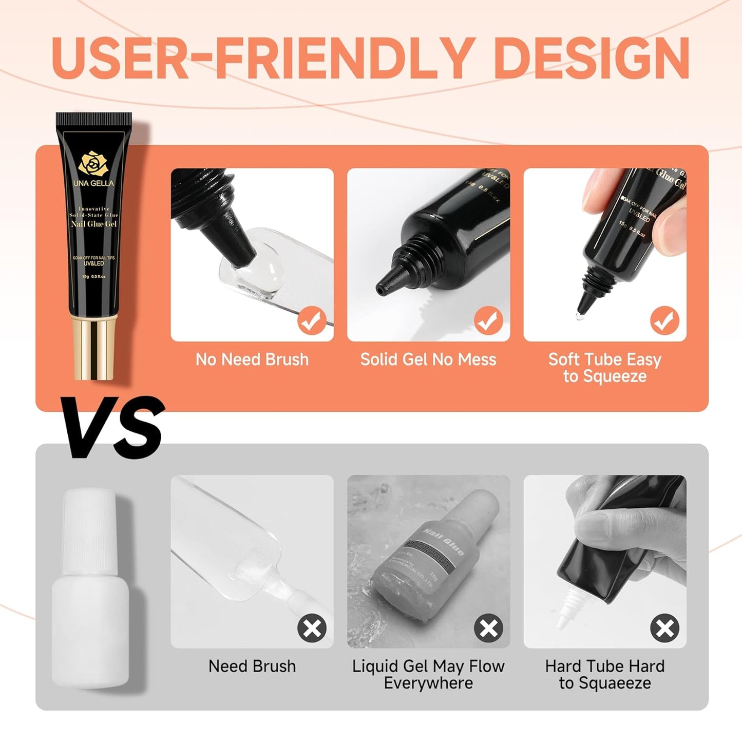 UNA GELLA Soft Gel Nail Tips Glue | 2pcs | Solid State Soak Off Super Strong Glue for Acrylic Nails Curing Needed For Nail Extensions Press On Nails 15ml*2 for Gel Jelly Tips