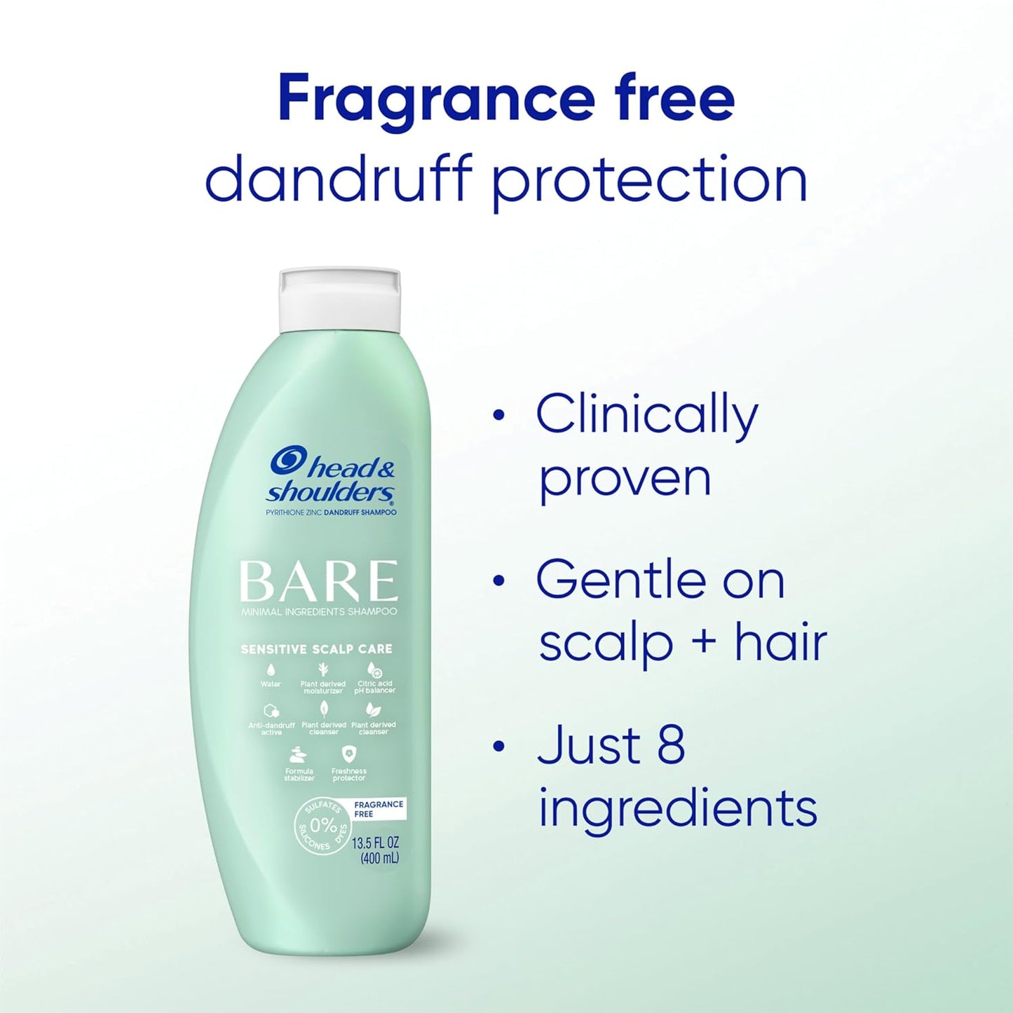 Head & Shoulders BARE Dandruff Shampoo Twin Pack, Fragrance-Free, Sensitive Scalp Care, Sulfate-Free, Silicone-Free, Dye-Free, Eco-Friendly Bottles, Safe for All Hair Types, 13.5 Fl Oz Each (Set of 2)
