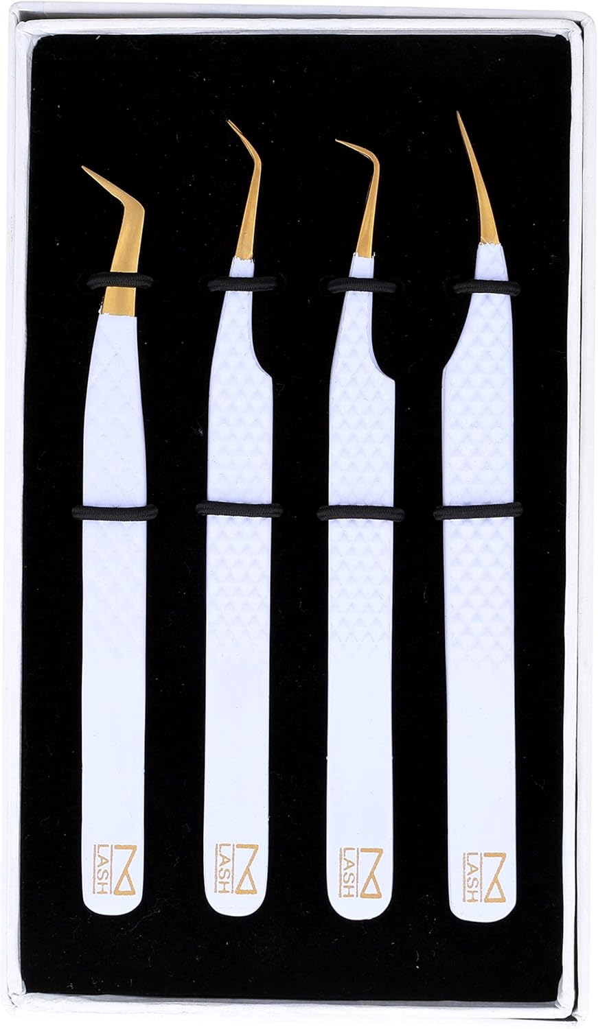 M LASH Eyelash Extension Tweezers (Set of 4) - Professional & Precision Lash Tweezers for Eyelash Extensions - Japanese Steel, Diamond Grip, Fiber Tip V3 (White)