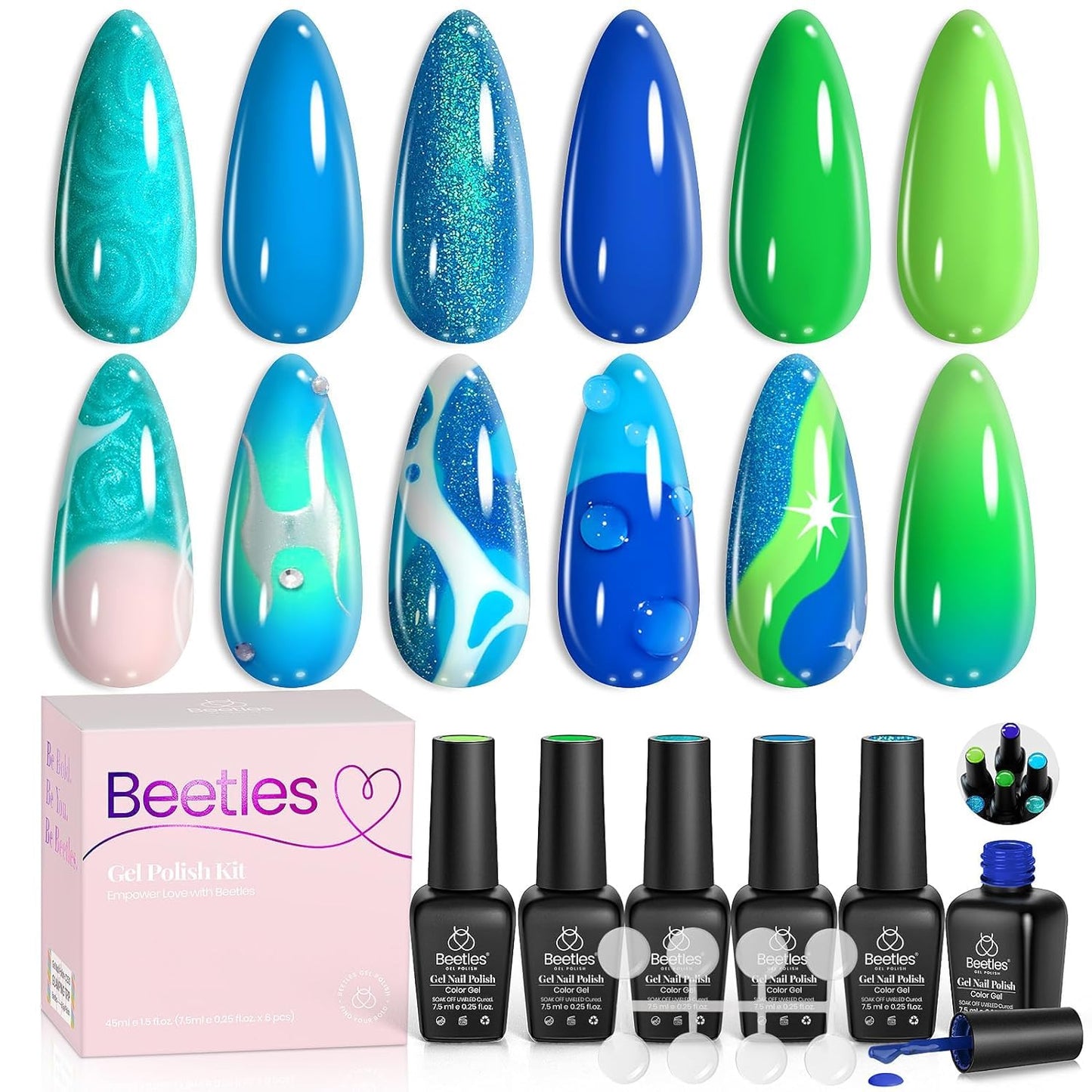 Beetles Blue Gel Nail Polish, 6 Colors Swirl Pacific Blue Glitter Blue Green Gel Polish Swirl Shell Thread Effect Soak Off Nail Art Design Salon Home Manicure Gift for Girls Women