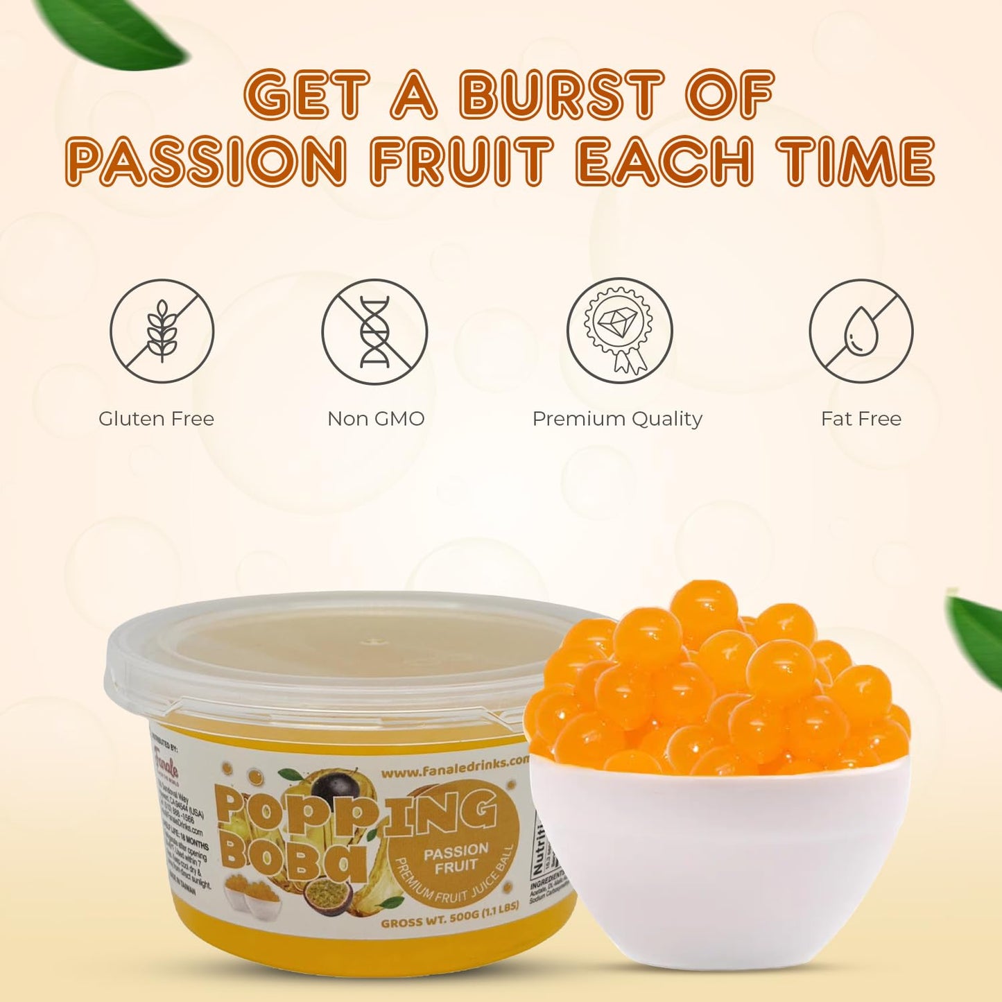 Fanale Passion Fruit Popping Boba Pearls, Vegan, Non GMO, Gluten Free, Fat Free, Perfect for Bubble Tea, Smoothies, Ice Cream, Desserts, and Beverages.
