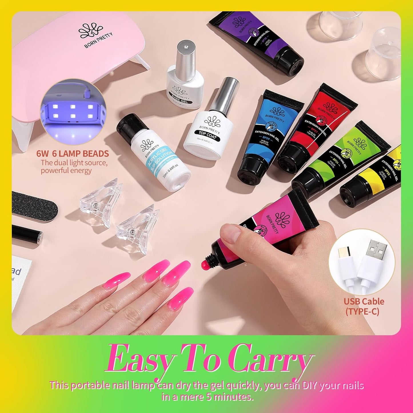 BORN PRETTY Neon Extension Nail Gel Kit-6 Colors Gel Kit Neon Pink Blue All-In-1 with Nail Lamp Base Top Coat Set Nail Forms French Manicure Set