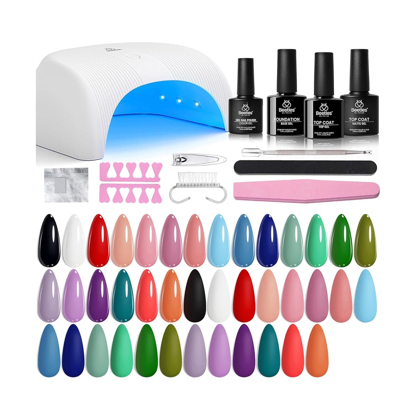 Beetles Gel Nail Polish Kit with U V Light - 31 Pcs Gel Polish Kits 20 Colors with Base and Glossy Top Coat Soak Off DIY Salon Beginner-friendly Manicure Nails Stuff Gifts for Women Teens Girls