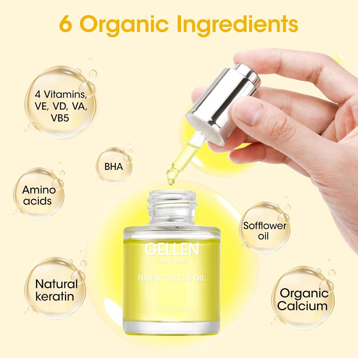 Gellen Nail Cuticle Oil for Growth and Strength, Natural Keratin Vitamin E Nail Growth Oil, Organic Cuticle Nails Serum for Hydrating, Nourishing, Strengthening, Repairing