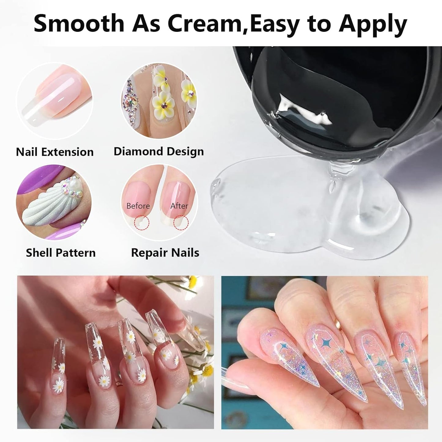 X&D Gel Nail Polish Kit - UV Polygel 2 Bottles Quick Dry 100g Natural Clear Color Nail Extension with Nail Forms, File, Acrylic Brush (Transparent & Nude Pink)